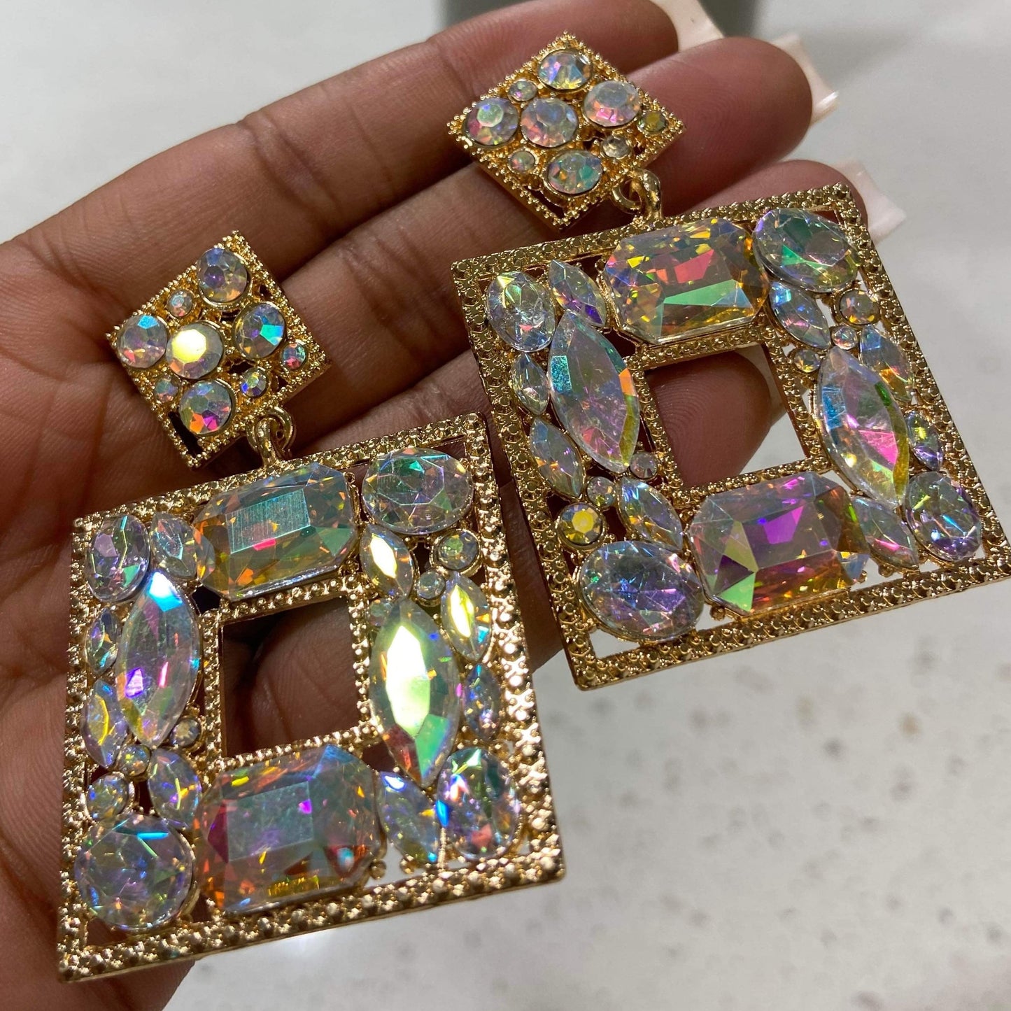 Women's Square Charm Dangle Earrings - BaeBekillinem Boutique- Crystal- Gold/ Halographic