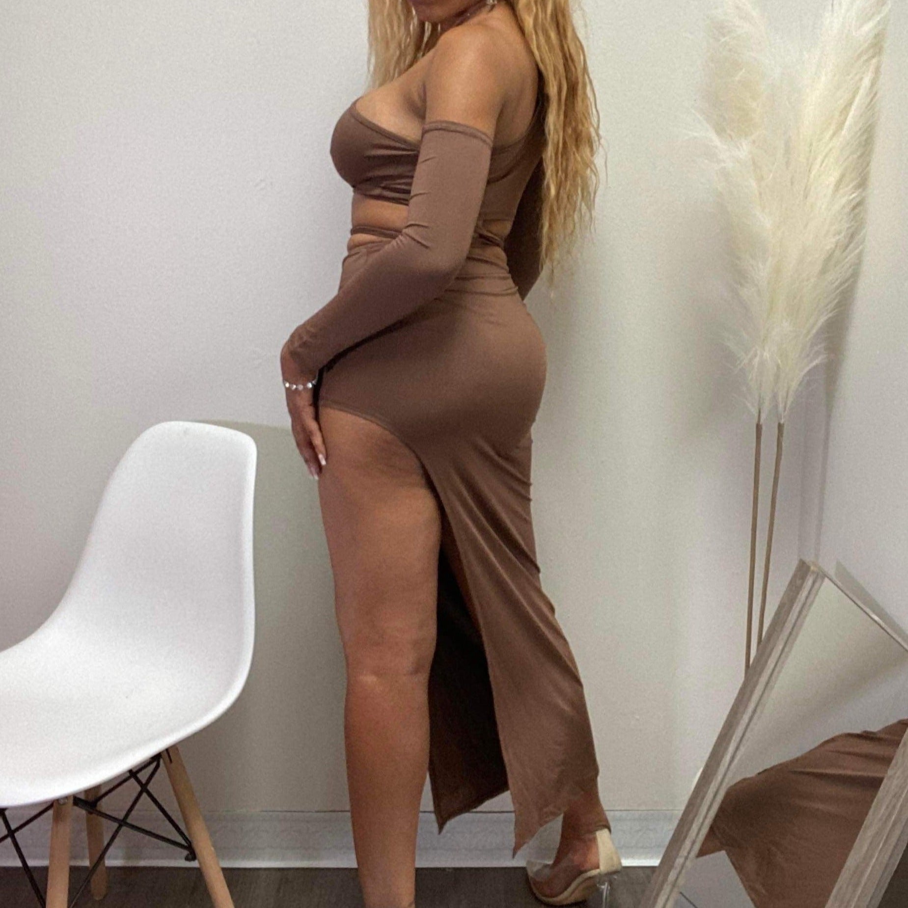 Women's Irregular Cut Stretch Skirt Set - BaeBekillinem Boutique- Spandex/ Polyester- Black/ Brown