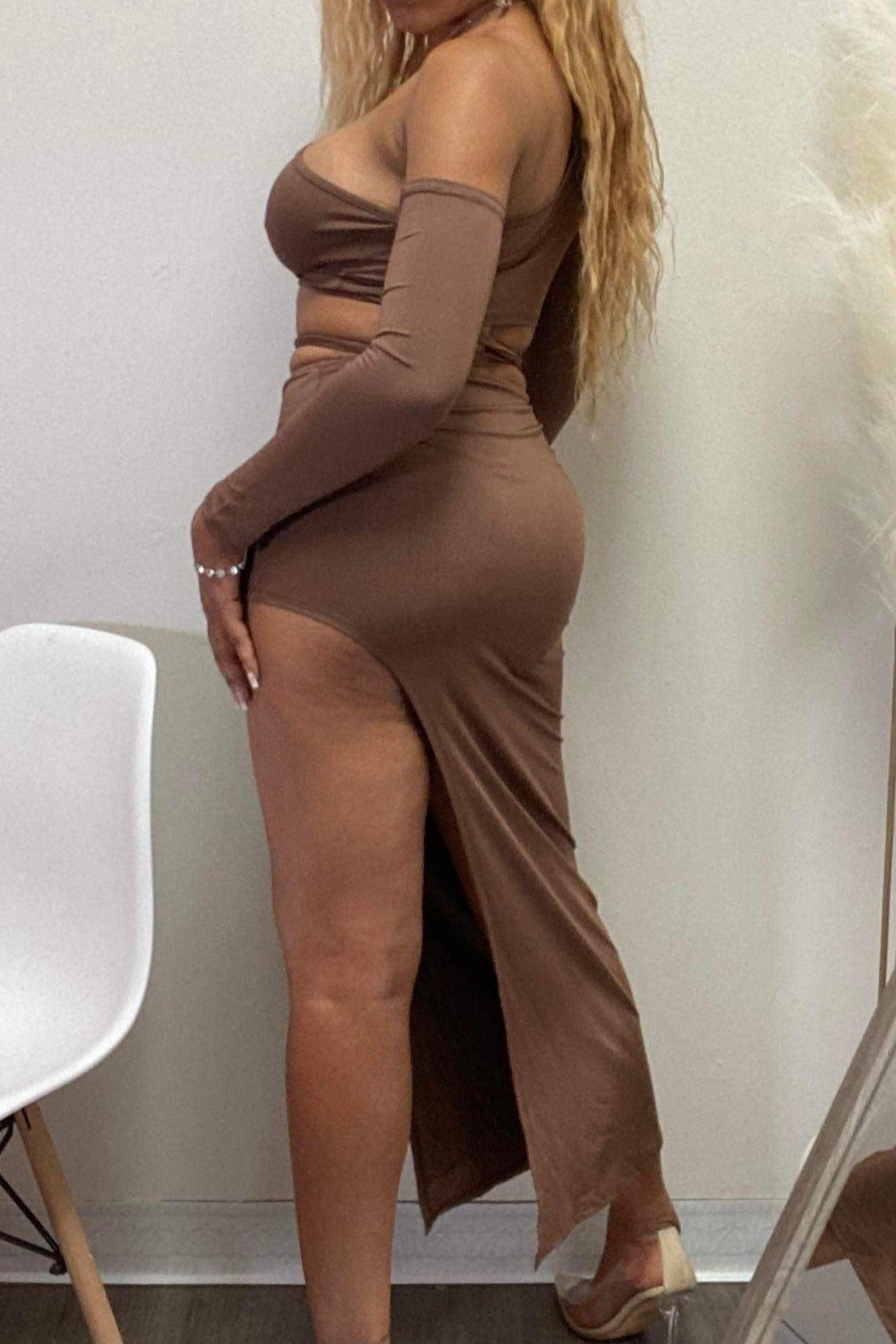 Women's Irregular Cut Stretch Skirt Set - BaeBekillinem Boutique- Spandex/ Polyester- Black/ Brown