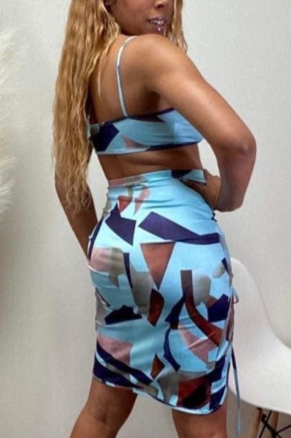 Women's Aqua Beach 2 Piece Set - Blue- Polyester- Ruched skirt - Baebekillinem Boutique