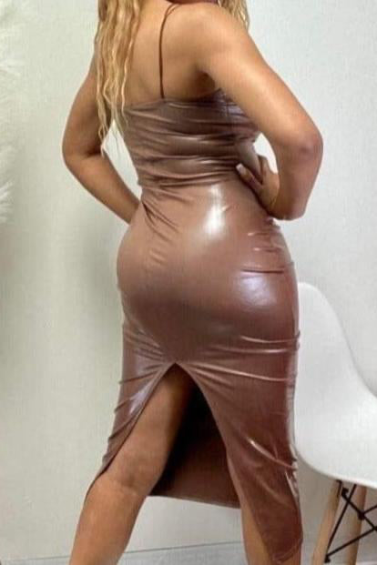 Women's Faux Leather Midi Dress -back view - Black- Baebekillinem