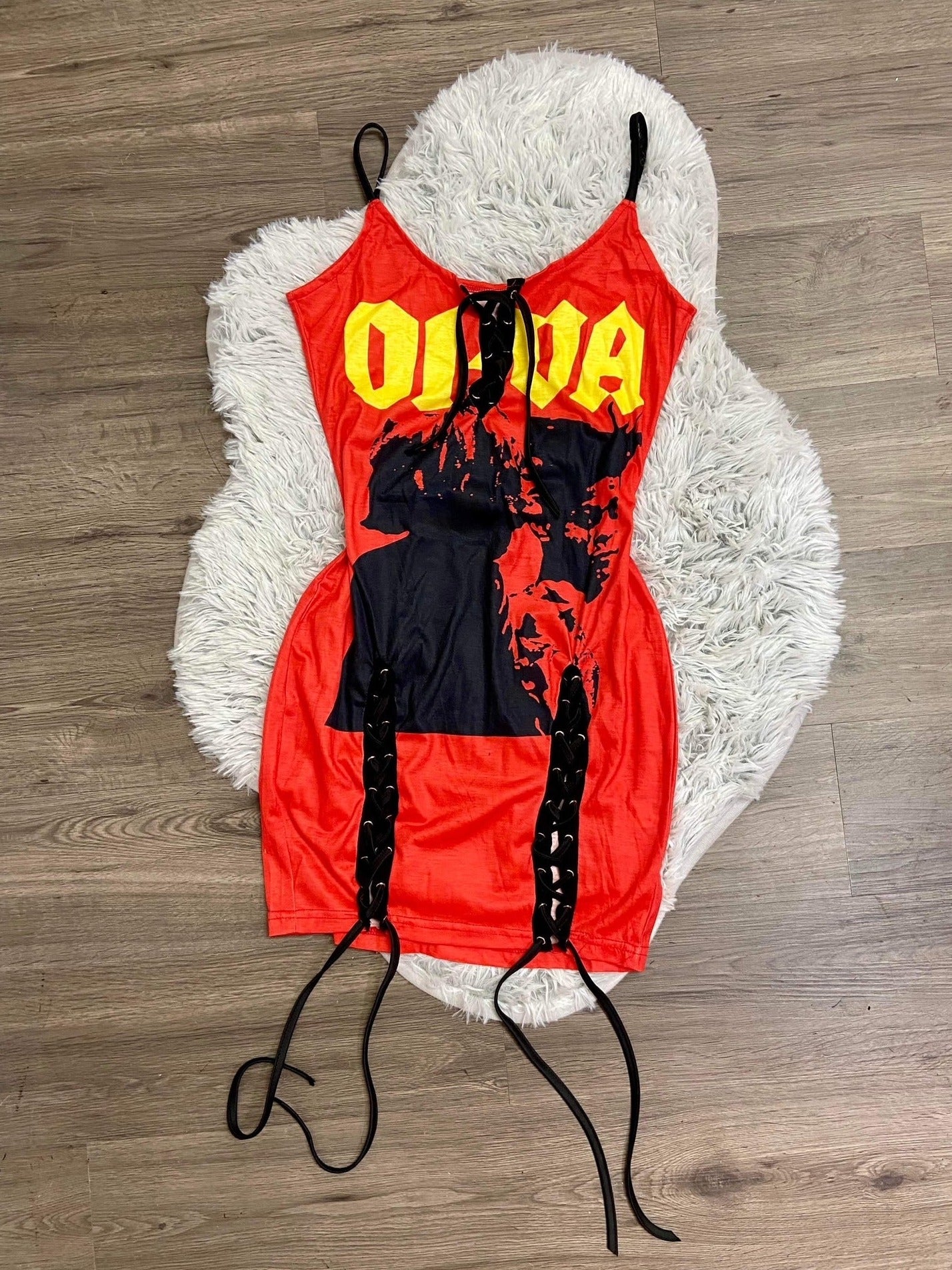 Graphic Lace Up Dress - BaeBekillinem- Cotton- Red