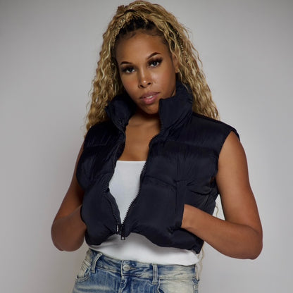 Cropped Padded Puffer Vest- metallic Pink/ black/ brown