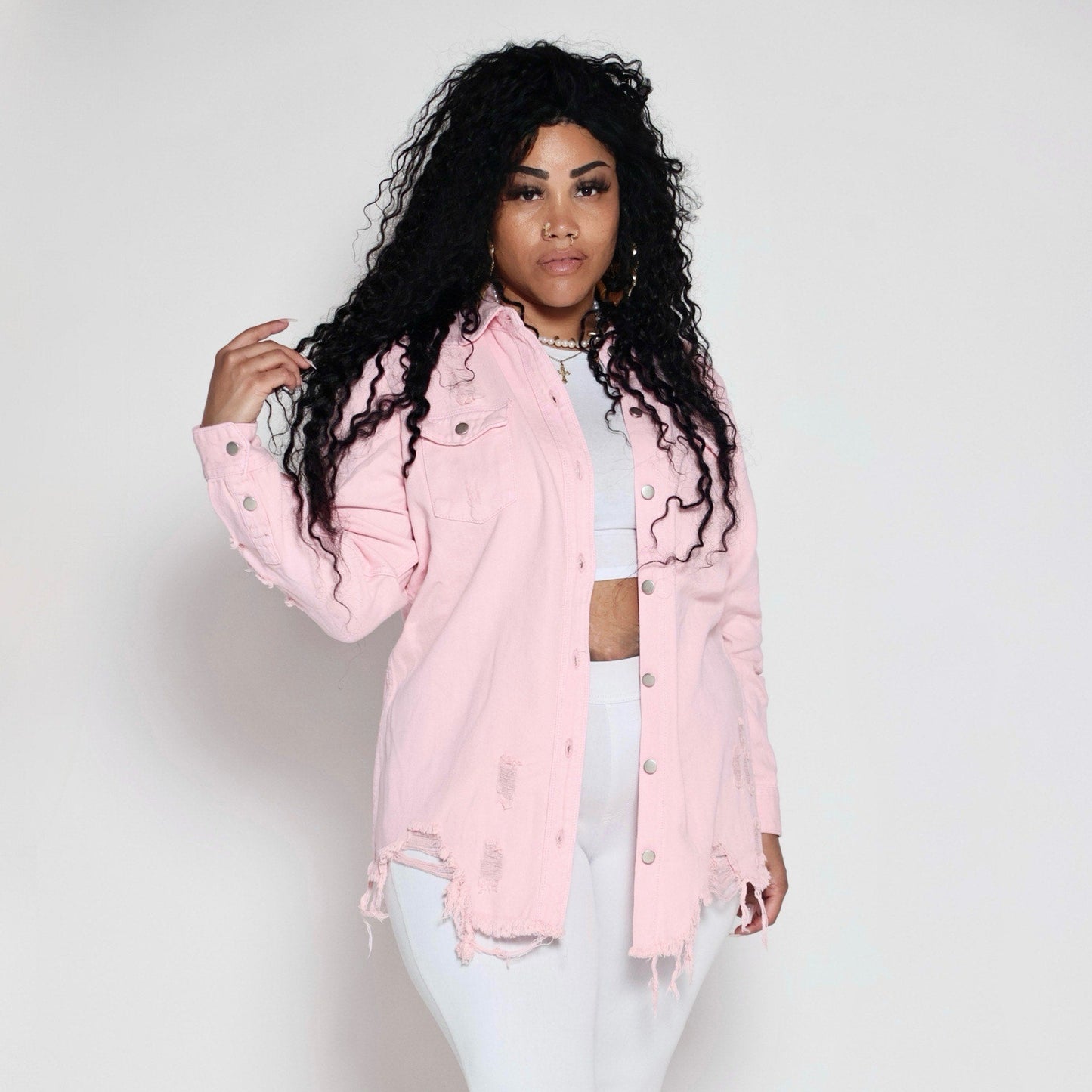 Denim Longsleeve Button Down Shirt- Pink- Distressed