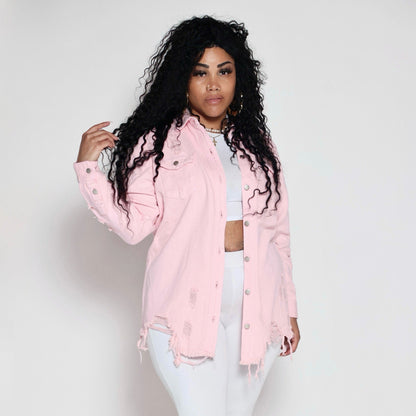 Denim Longsleeve Button Down Shirt- Pink- Distressed