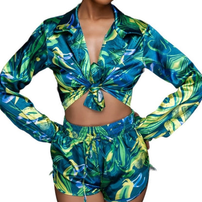 Women's Tropical Satin Abstract Matching Set - Spandex- Polyester- Green- Blue- Baebekillinem Boutique