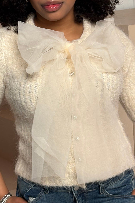 Women's fuzzy bow sweater top cream knit front view — Baebekillinem