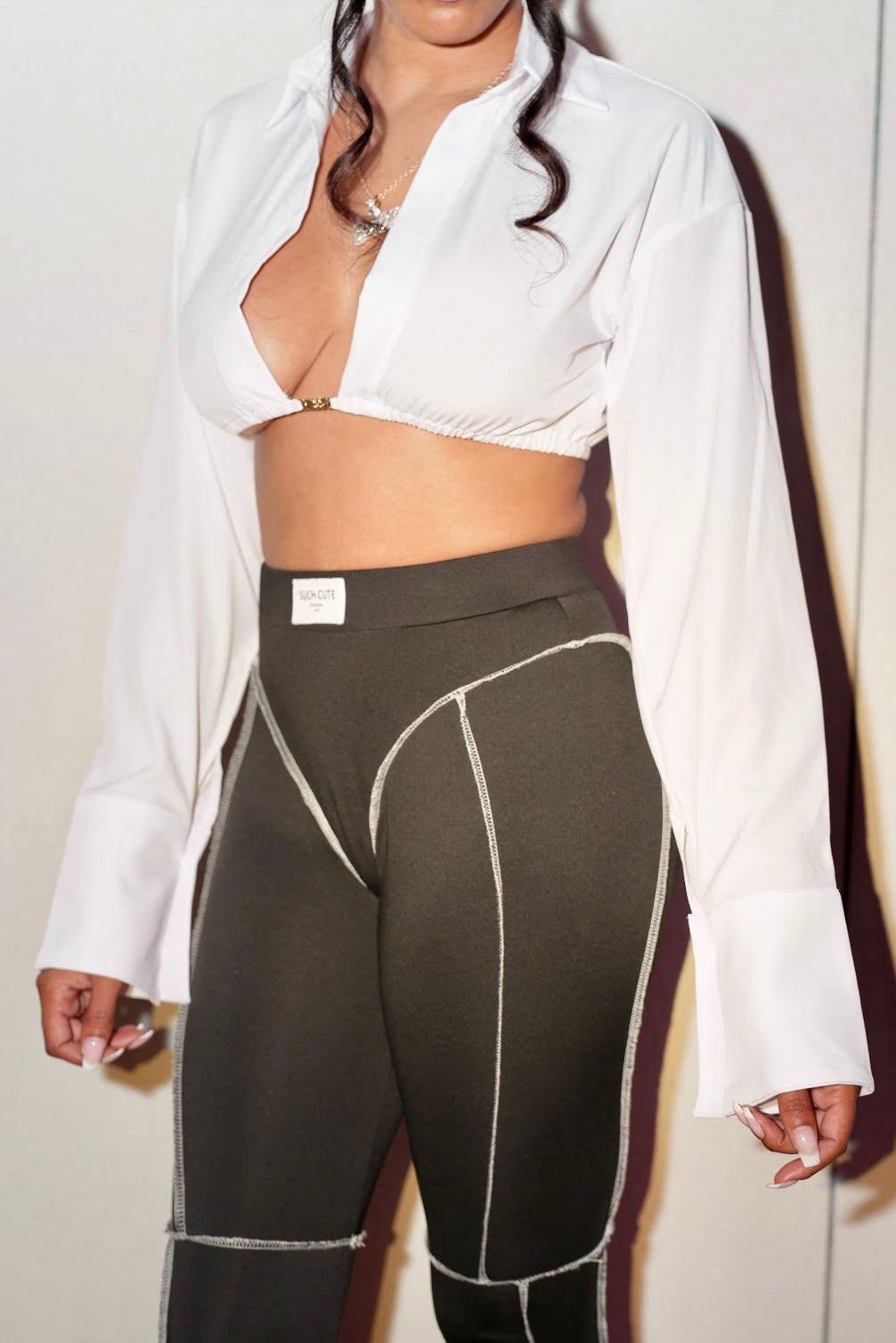 Women's solid frisky business crop top white long sleeve front view — Baebekillinem
