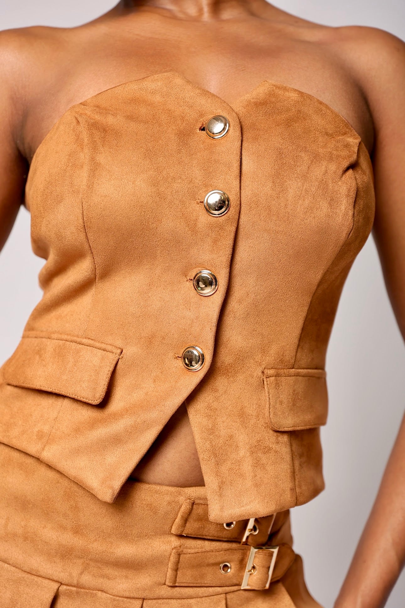 Women's strapless suede corset top brown front view — Baebekillinem