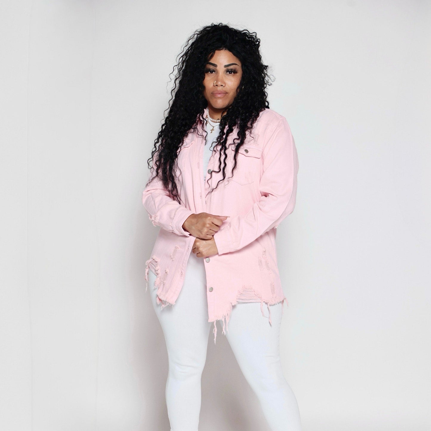 Denim Longsleeve Button Down Shirt- Pink- Distressed