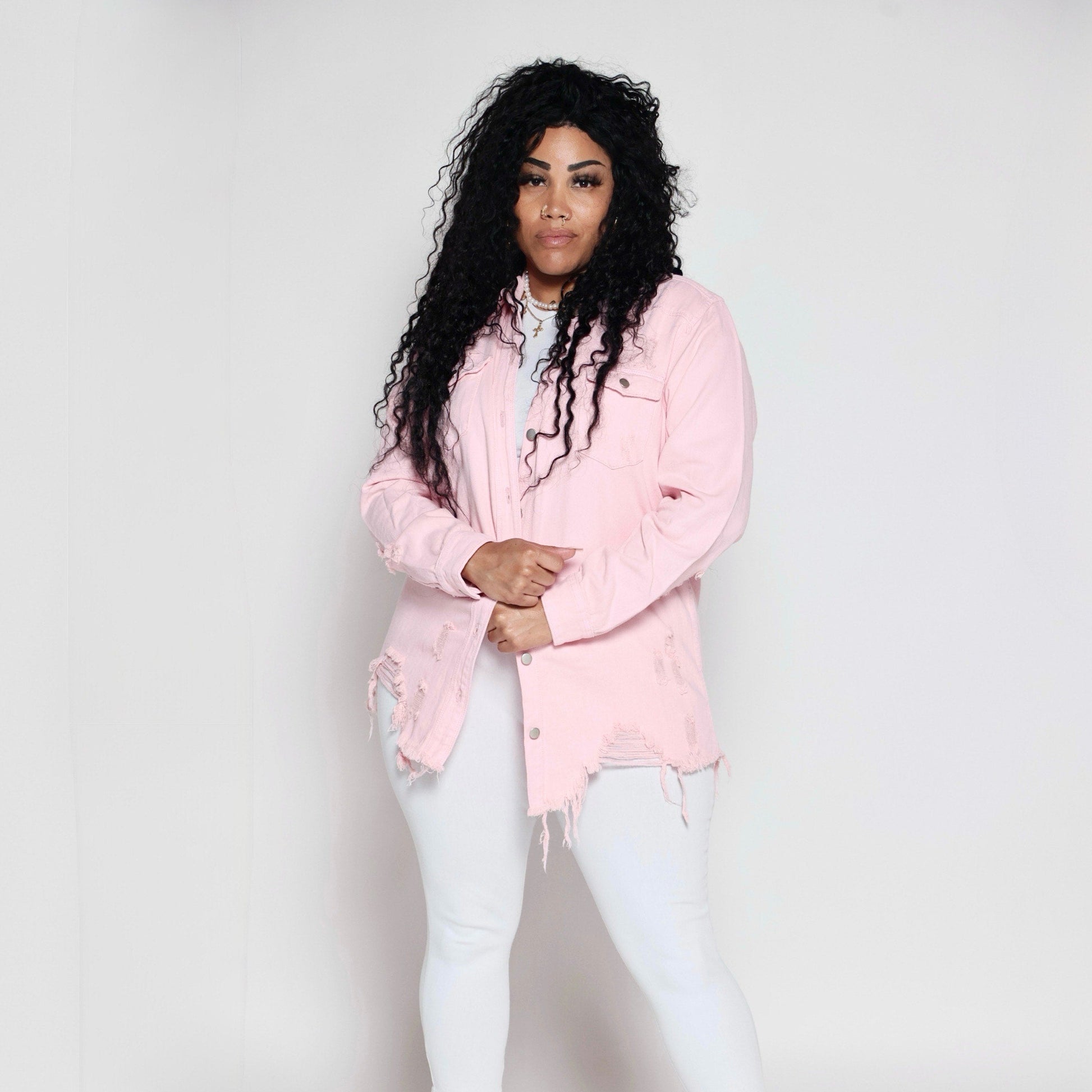 Denim Longsleeve Button Down Shirt- Pink- Distressed