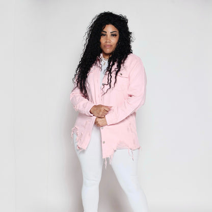Denim Longsleeve Button Down Shirt- Pink- Distressed