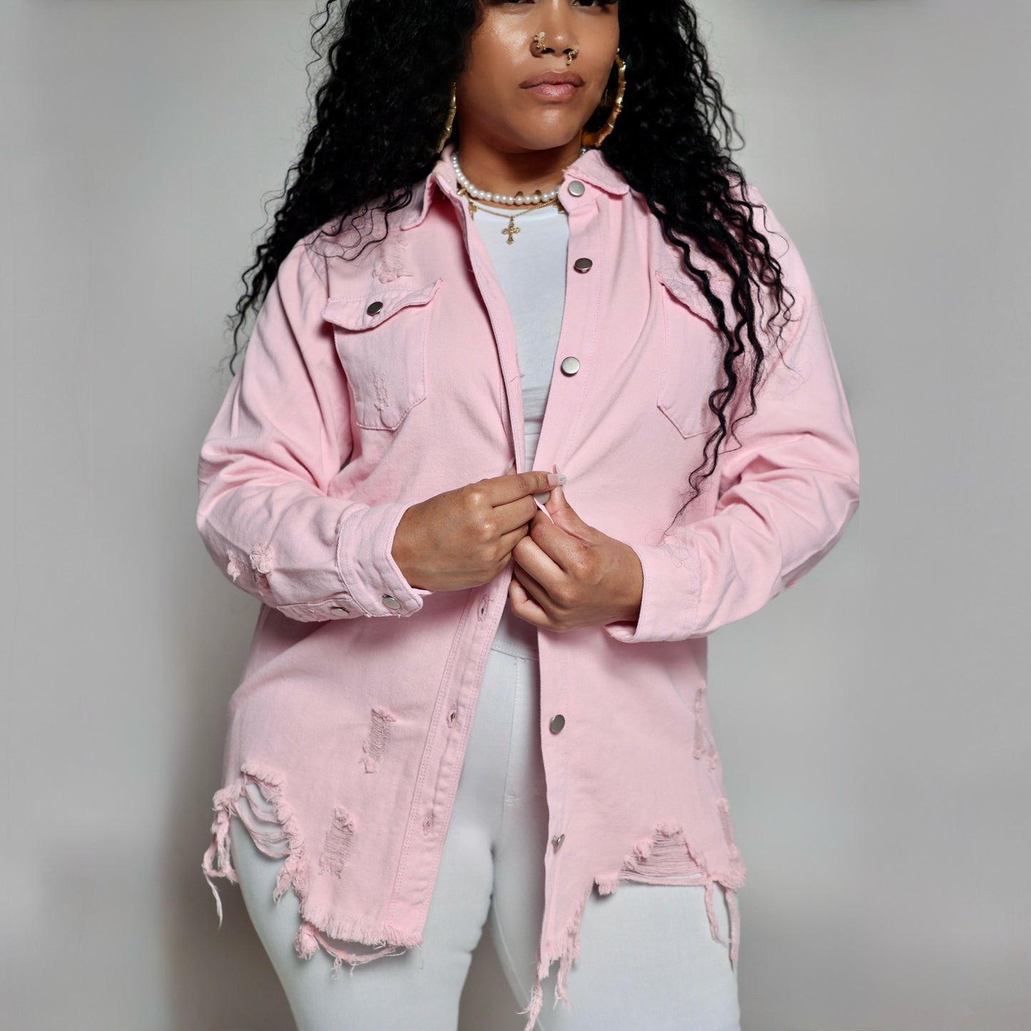 Denim Longsleeve Button Down Shirt- Pink- Distressed
