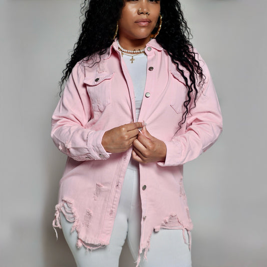 Denim Longsleeve Button Down Shirt- Pink- Distressed