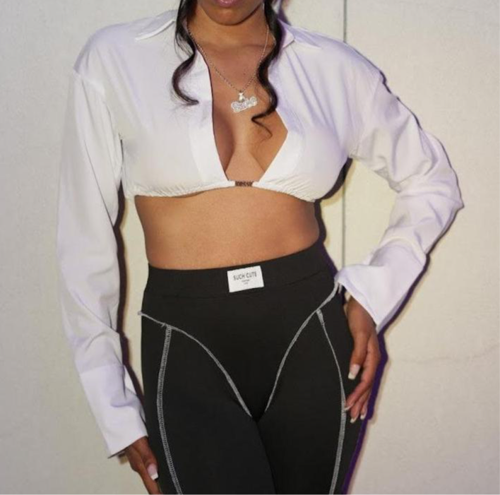 Women's solid frisky business crop top white long sleeve front view — Baebekillinem