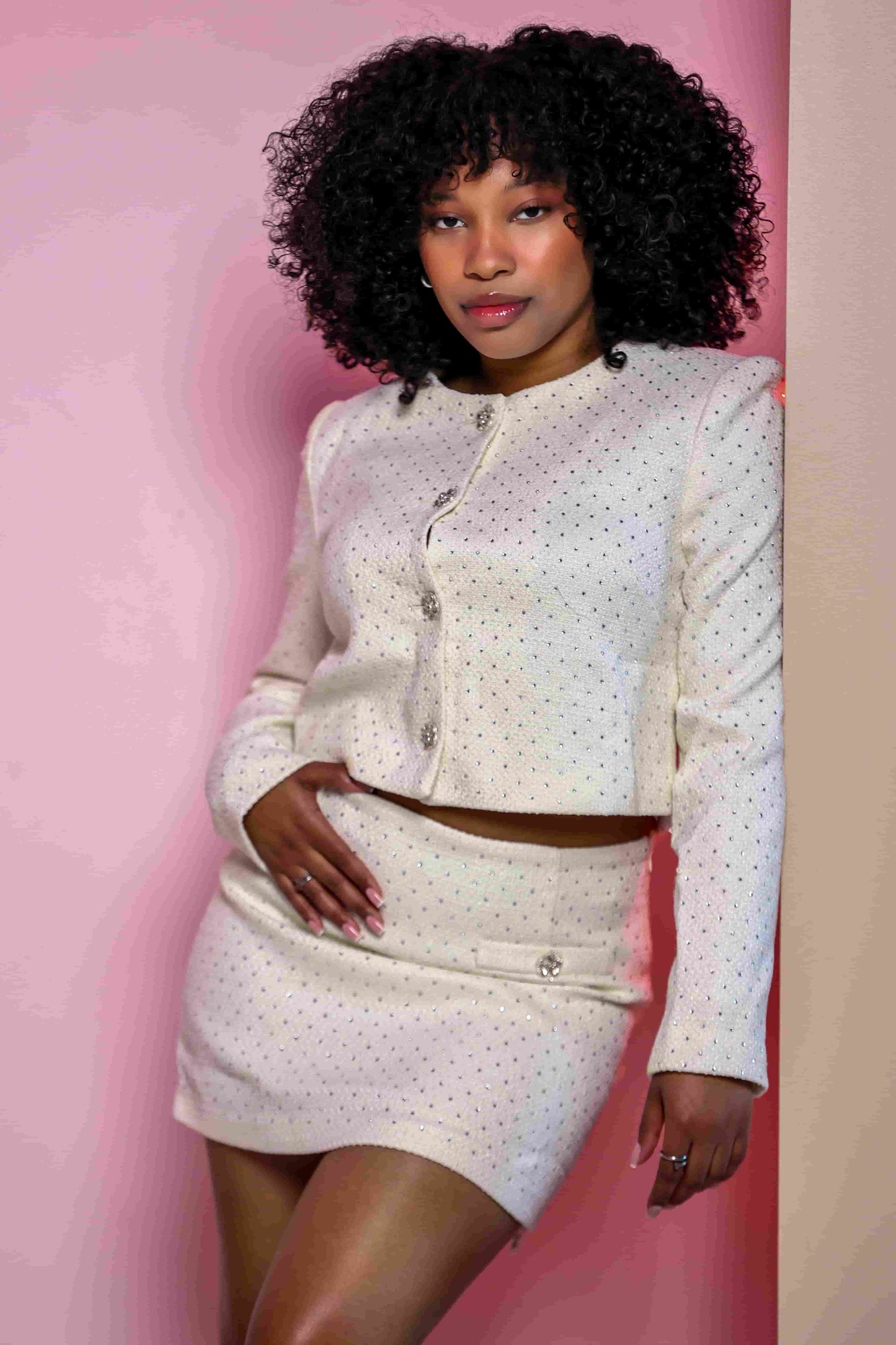 Women's Rhinestone Longsleeve Skirt Set- front view — Baebekillinem