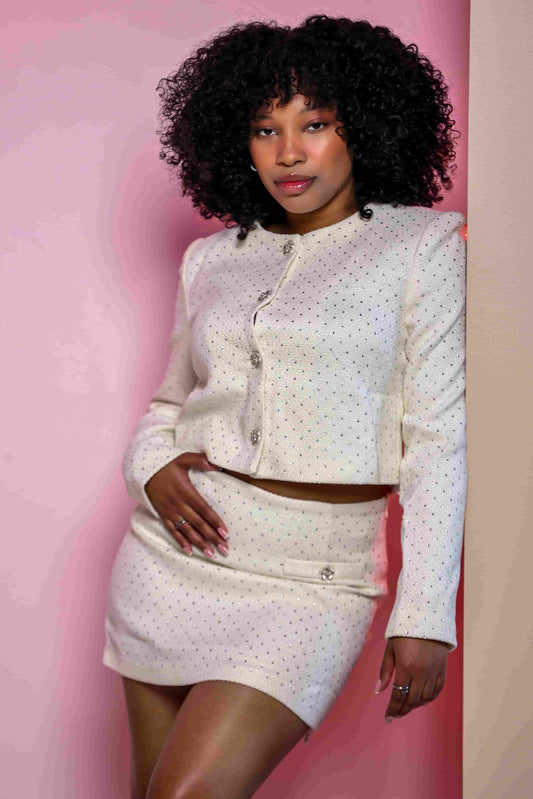 Women's Rhinestone Longsleeve Skirt Set- front view — Baebekillinem