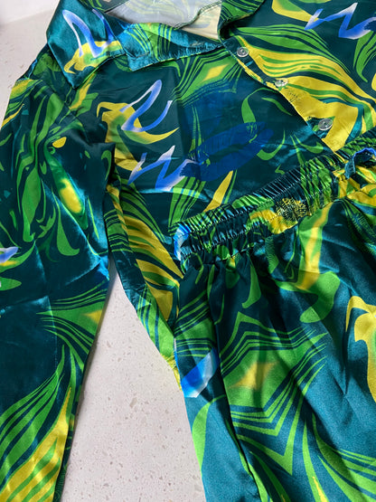 Women's Tropical Satin Abstract Matching Set - Spandex/ Polyester- Green/ Blue- Baebekillinem Boutique- party- club- brunch- yellow- shorts- long sleeve