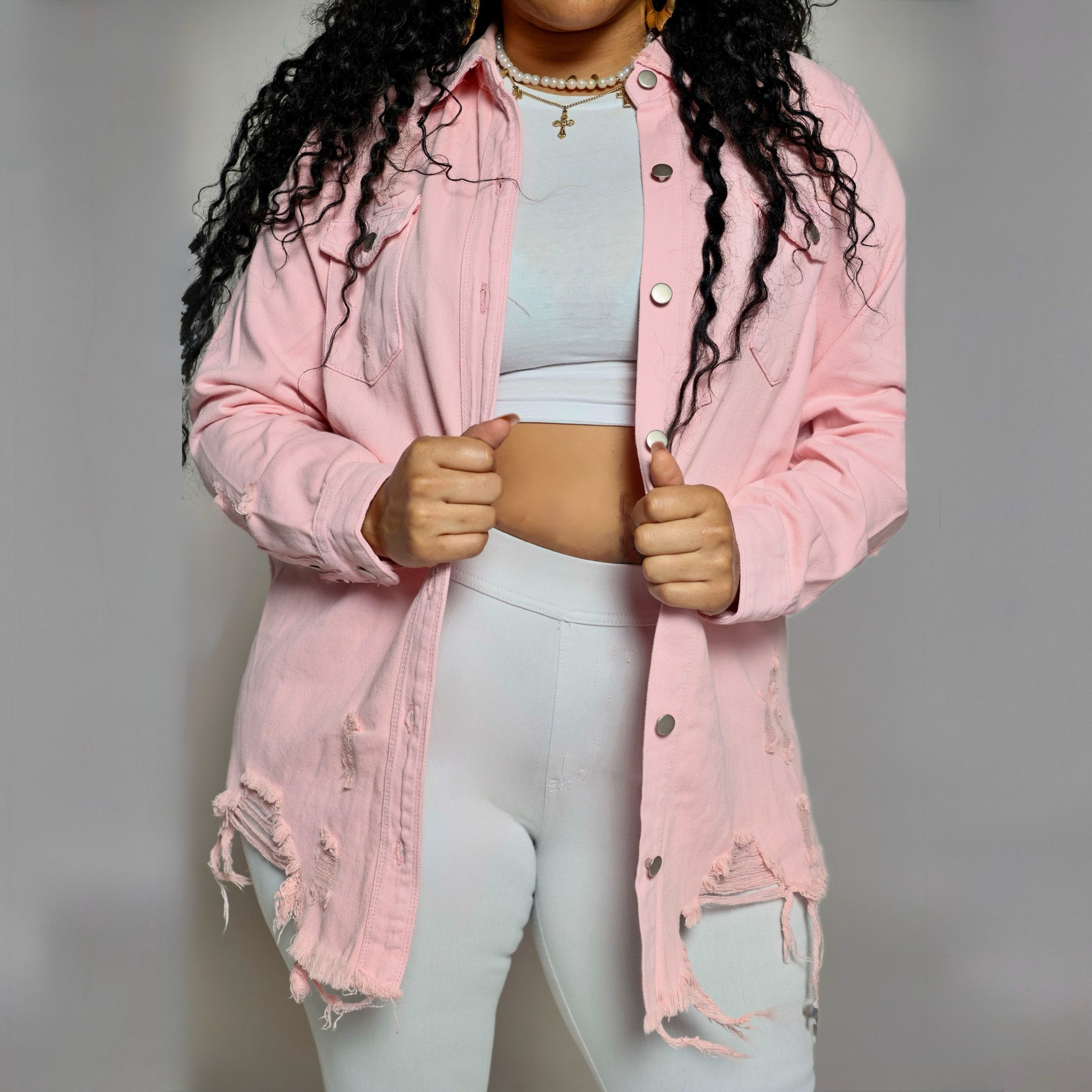 Denim Longsleeve Button Down Shirt- Pink- Distressed