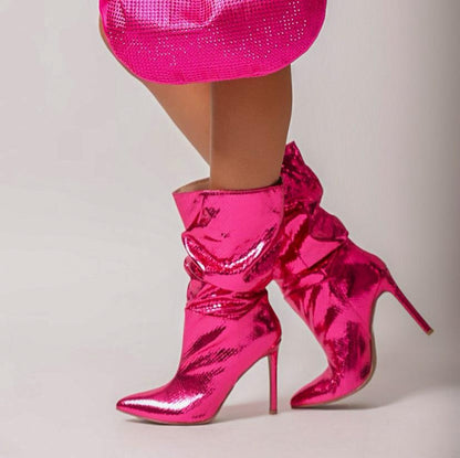 Women's Metallic Snake Skin Boots - BaeBekillinem Boutique- Microfiber/Rubber/ PU leather- Silver/ Fuchsia