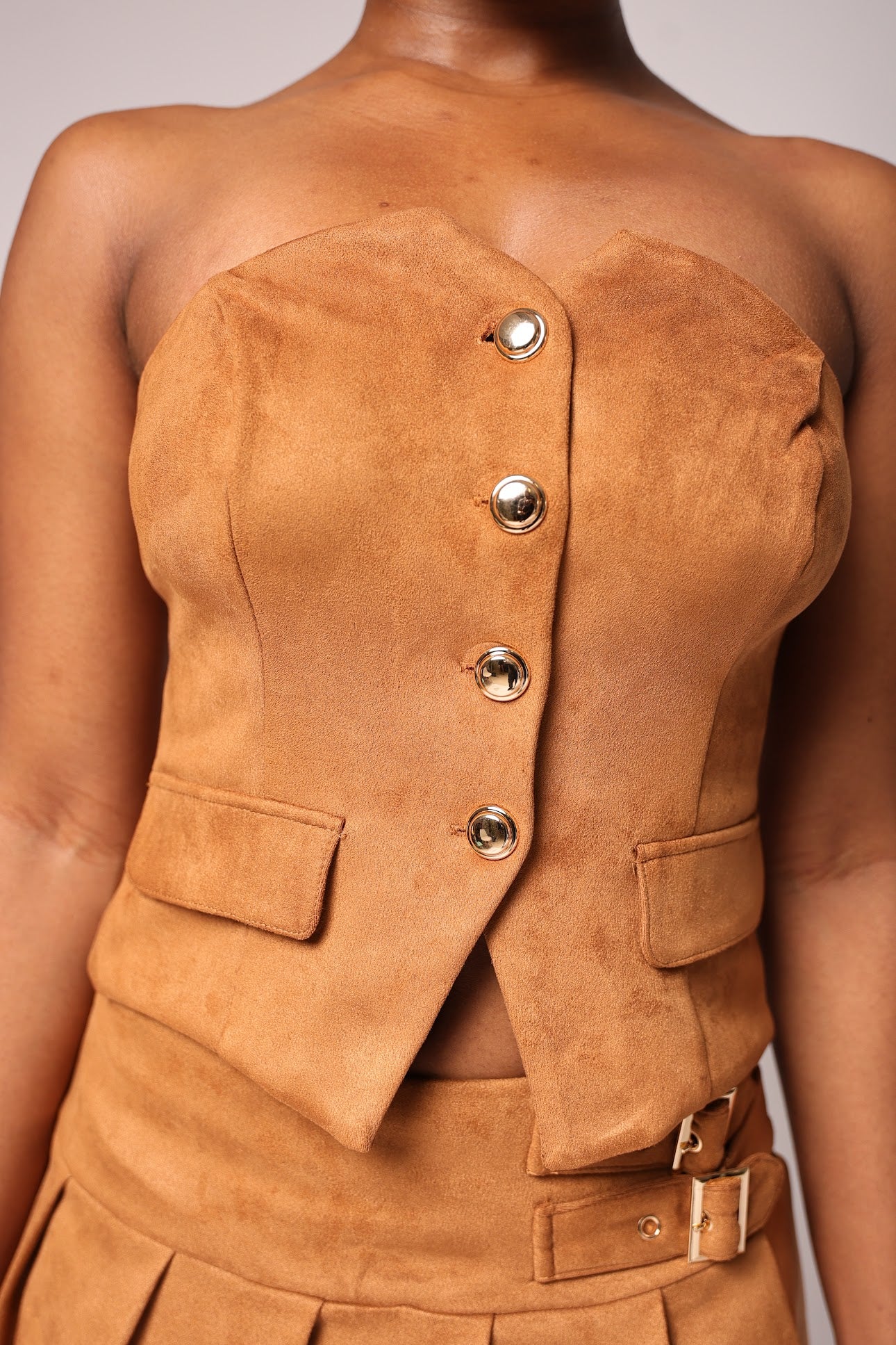 Camel suede corset bustier top styled outfit — Baebekillinem
