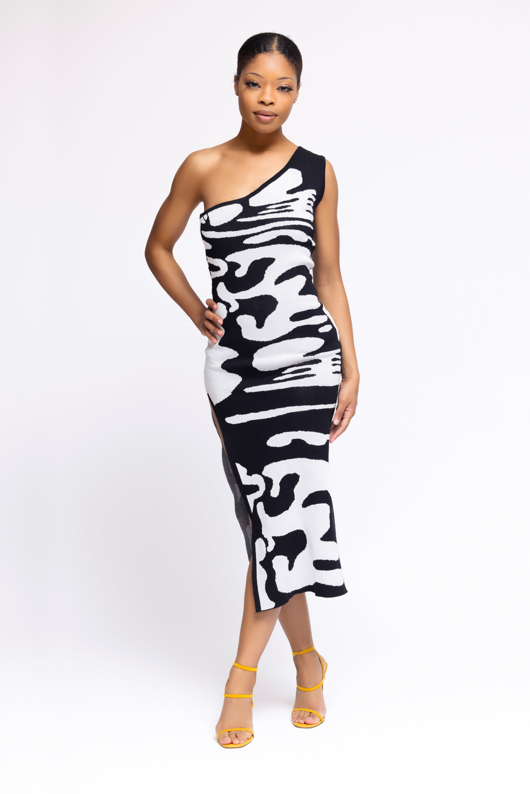 Women's Doesa Body Good Knit Midi - BaeBekillinem Boutique- Viscose- Black/ White- slit- cow- zebra- animal- One shoulder- maxi- below the knee- knitted- stretch- party- girls night- out- event
