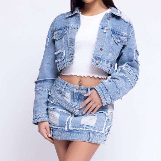 Distressed Denim Jacket Skirt Set - BaeBekillinem- light blue- longsleeve- baggy - oversized- casual- event- party- it girl