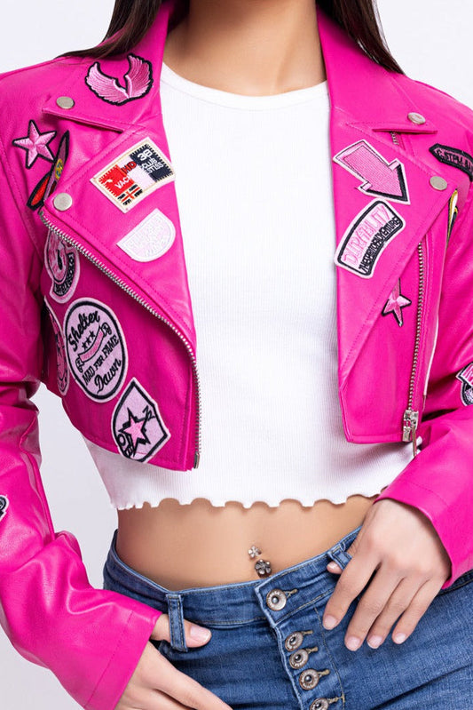 Women's -Leather- Patch- Crop -Jacket- Baebekillinem 