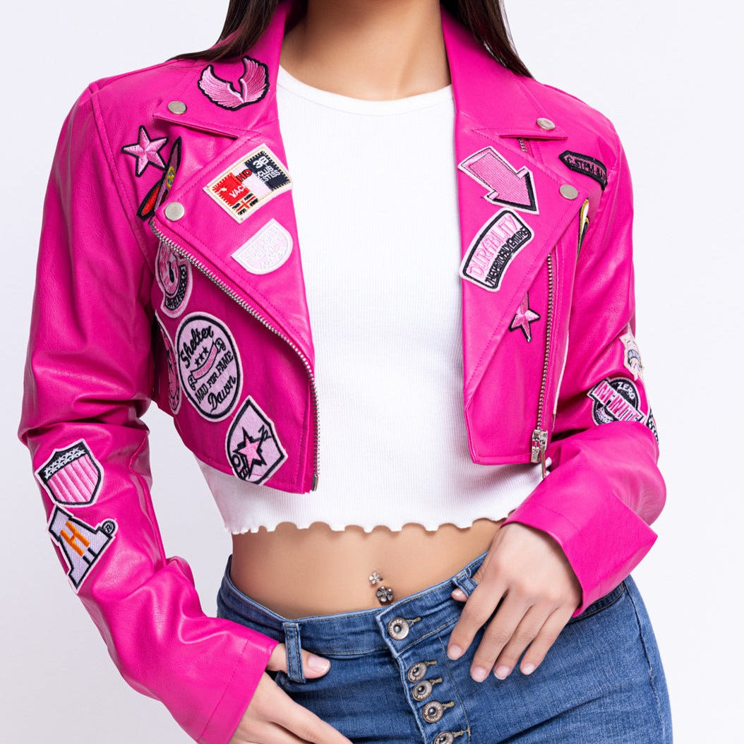 Women's -Leather- Patch- Crop -Jacket- Baebekillinem Boutique- Hot & Delicious- Black- Pink- Leather- Polyester- Rayon- Spring- Fall- motorcycle- varsity