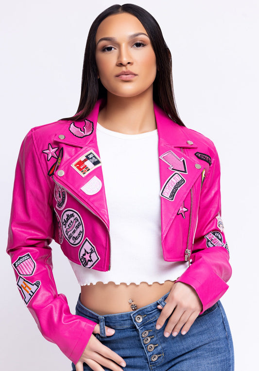 Women's -Leather- Patch- Crop -Jacket- Baebekillinem Boutique- Hot & Delicious- Black- Pink- Leather- Polyester- Rayon- Spring- Fall- motorcycle- varsity