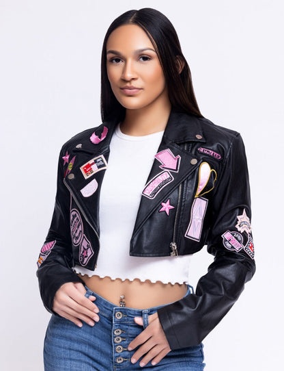 Women's -Leather- Patch- Crop -Jacket- Baebekillinem Boutique- Hot & Delicious- Black- Pink- Leather- Polyester- Rayon- Spring- Fall- motorcycle- varsity