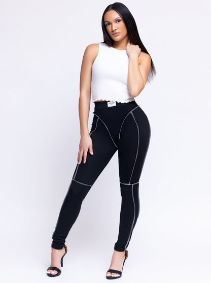 Women's Casual Skinny Sporty Stretch Leggings- Black/ White- Polyester/ Spandex- Baebekillinem Boutique