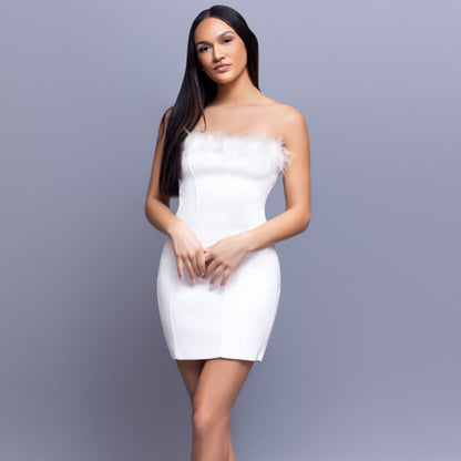 Women's Feather Bandage Tube Dress- White- Cotton/Spandex- Baebekillinem Boutique