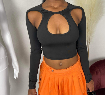 Women's Solid Longsleeve Keyhole Crop Top - Baebekillinem Boutique- Broadcloth/ Cotton/ Polyester- Black