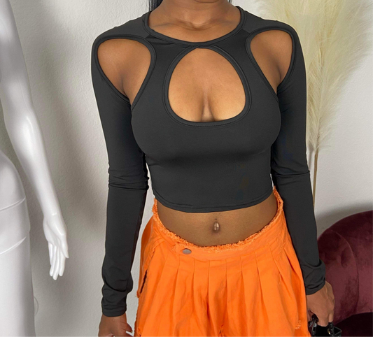 Women's Solid Longsleeve Keyhole Crop Top - Baebekillinem Boutique- Broadcloth/ Cotton/ Polyester- Black