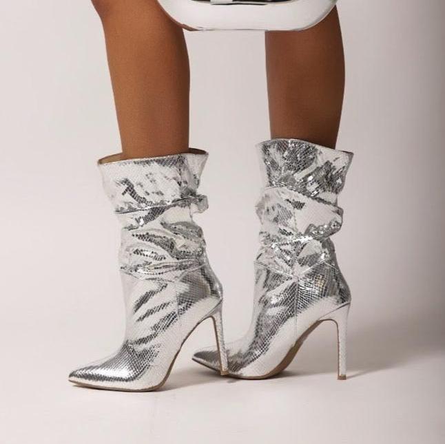 Women's Metallic Snake Skin Boots - BaeBekillinem Boutique- Microfiber/Rubber/ PU leather- Silver/ Fuchsia