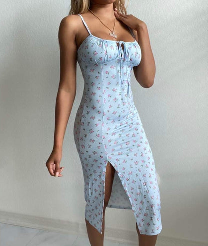 Floral Print Bodycon Midi Dress Spaghetti Strap Midi with Slit | Baebekillinem Floral Print Bodycon Midi Dress Spaghetti Strap Midi with Slit | Baebekillinem