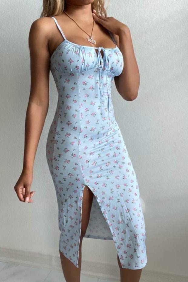 Floral Print Bodycon Midi Dress – Spaghetti Strap Midi with Slit