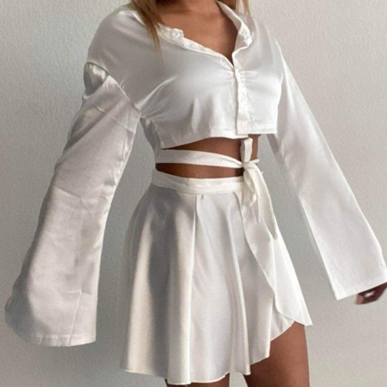 Women's Satin Wrapped Skirt Set - Baebekillinem Boutique- Satin/ Polyester- White