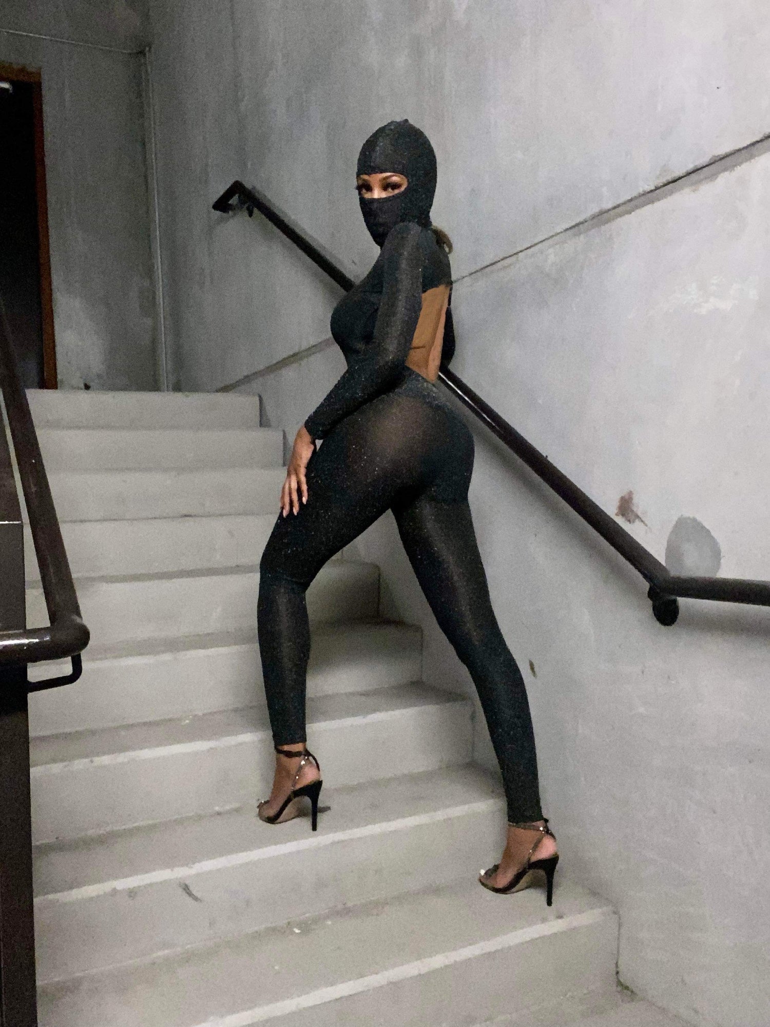 Women's Backless Stretchy Glitter Catsuit with Mask - BaeBekillinem Boutique- Polyester- Spandex- Black- Silver- Mugler- See Through- Party- ninja- girls-  night- mask- stretch- bankroll - barbie- barb3