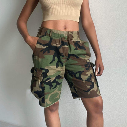 Women's Baggy Camo Cargo Shorts - BaeBekillinem Boutique- Patchwork- Polyester - Green camo- knee length