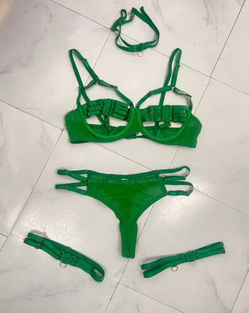 Women's Very Sexy 5 pc Garter Lingerie Set - BaeBekillinem Boutique- satin/ Linen- green