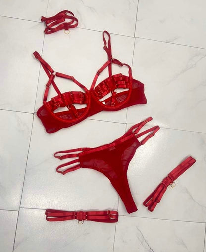 Women's Very Sexy 5 pc Garter Lingerie Set - BaeBekillinem Boutique- satin/ Linen- Red