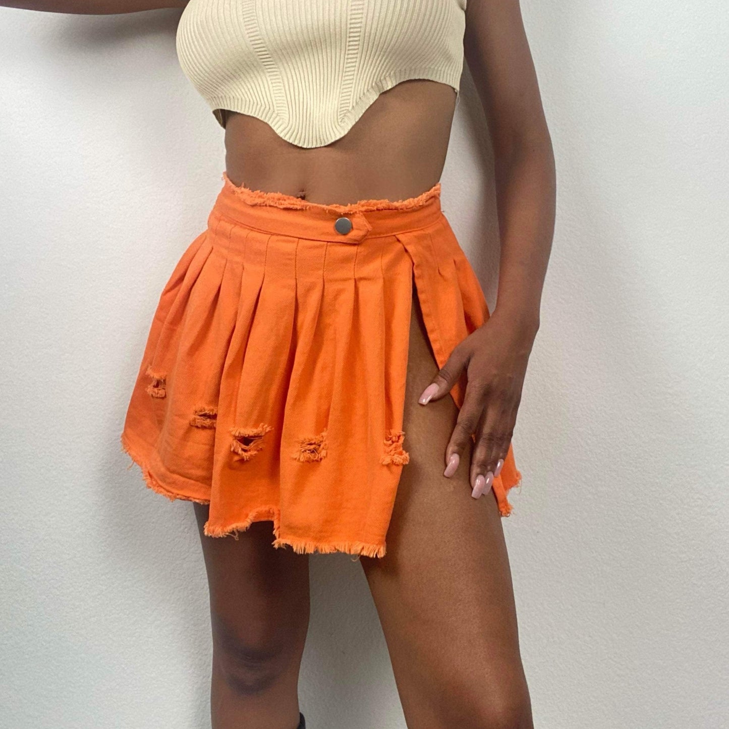 Women's High Slit Ripped Denim Skirt - BaeBekillinem Boutique- Orange- Polyester/ Spandex/ Broadcloth