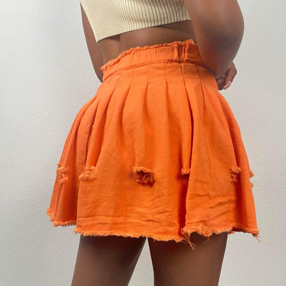 Women's High Slit Ripped Denim Skirt - BaeBekillinem Boutique- Orange- Polyester