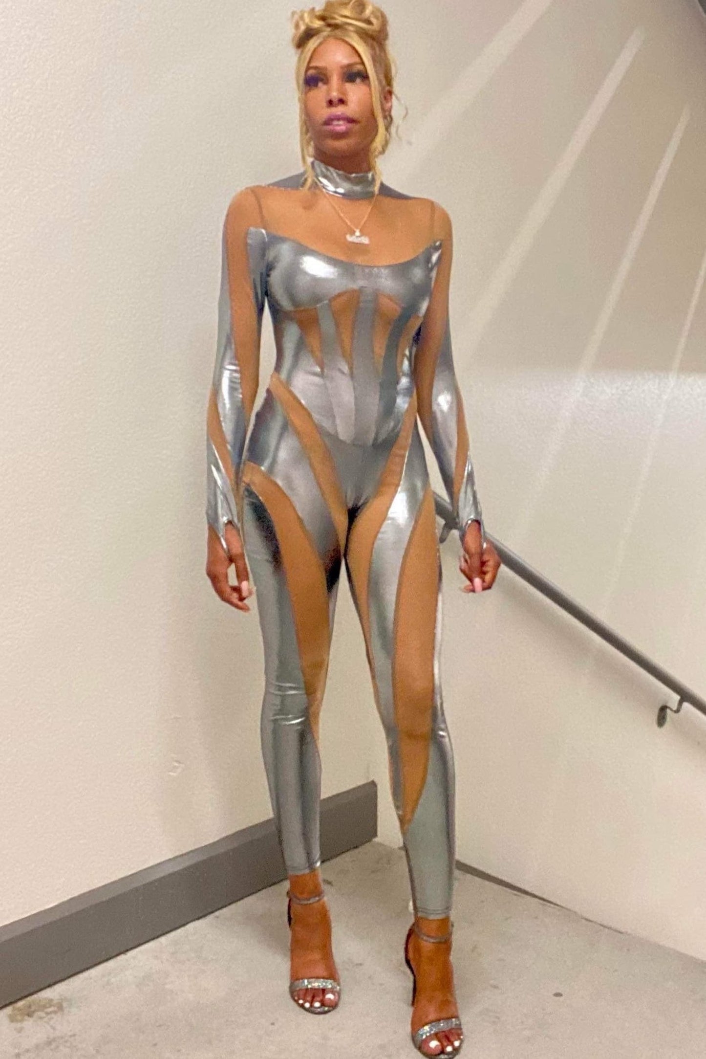Women's Hollow Mesh Cutout Jumpsuit – Chrome Metallic front view — see-through/bodycon angle— Baebekillinem