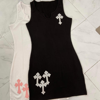Women's Sleeveless Cross Tank Dress - Baebekillinem Boutique- Polyester/ Cotton/ Spandex- Patchwork- Mini- Pink/ White/ Black