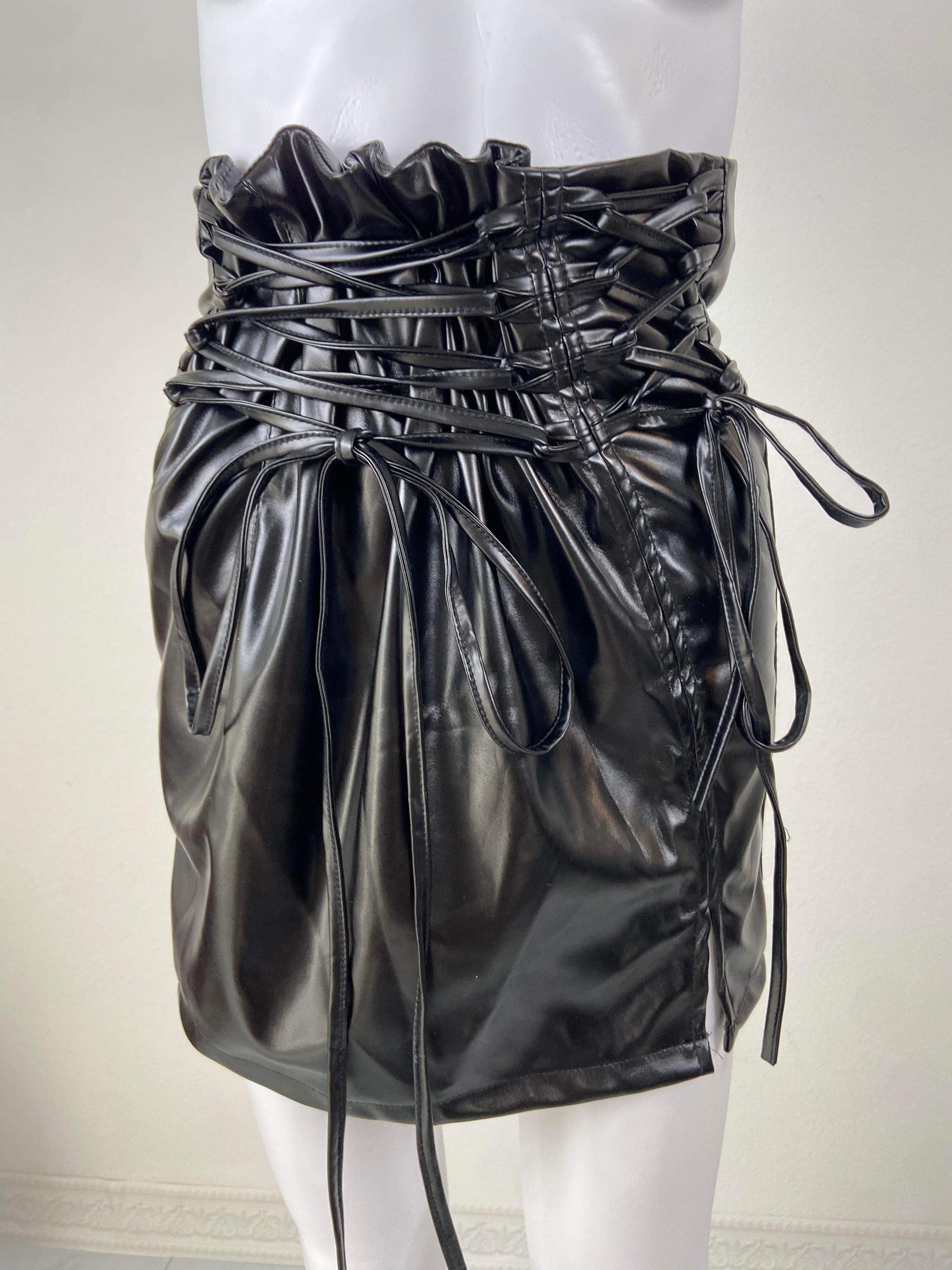 Women's Leather Lace Up Mini Skirt - BaeBekillinem Boutique- Polyester/ Faux Leather- Black