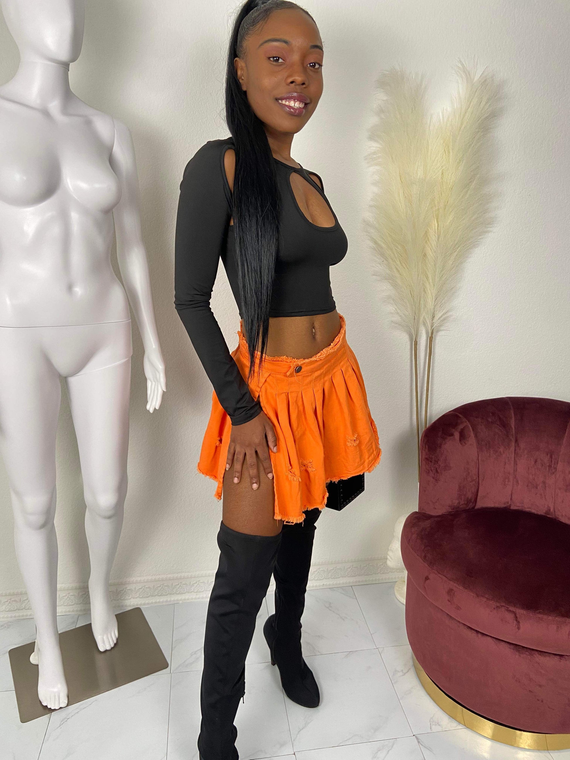Women's High Slit Ripped Denim Skirt - BaeBekillinem Boutique- Orange- Polyester/ Spandex/ Broadcloth