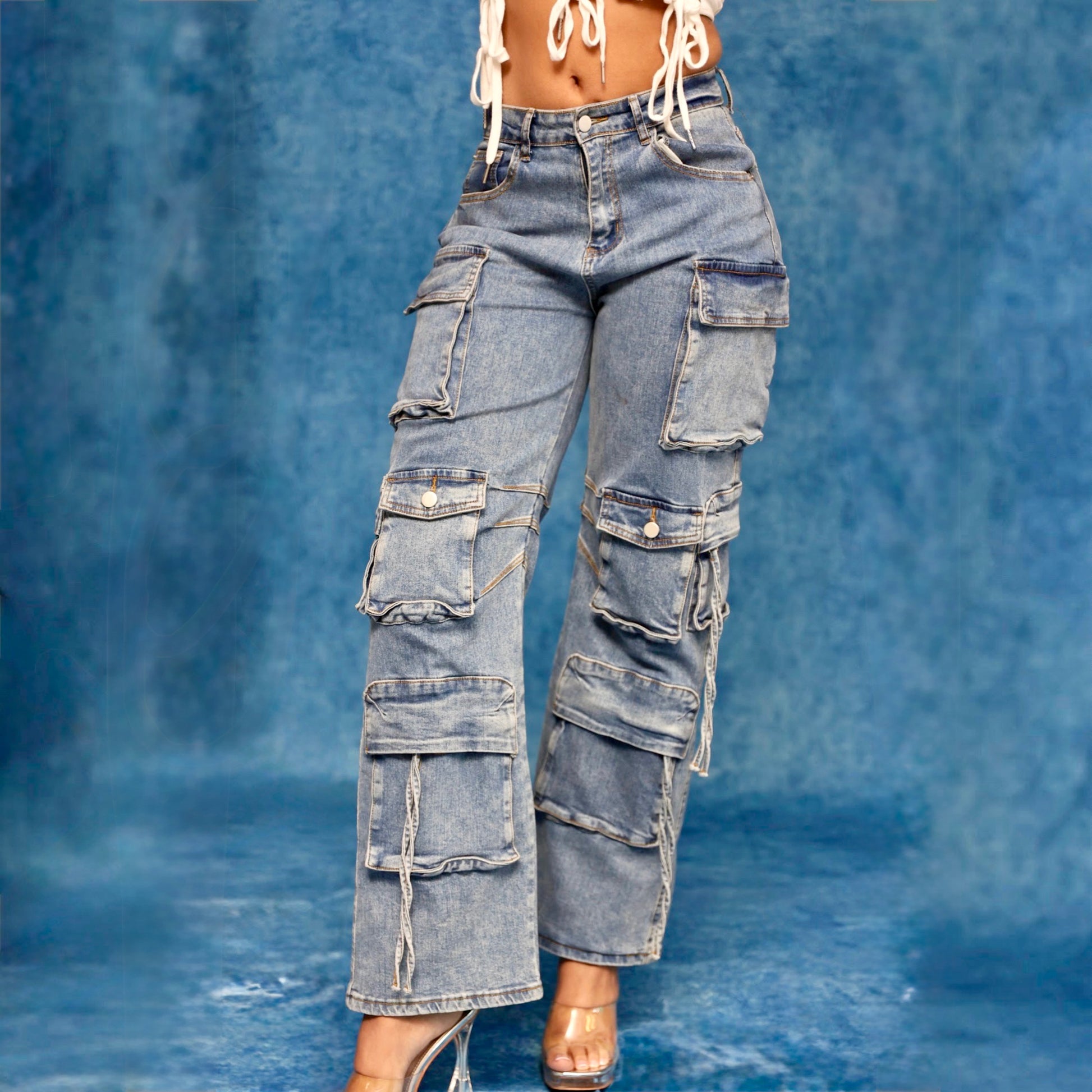 Multi Pocket Denim Wide Leg Cargo Pants- Blue- Baebekillinem